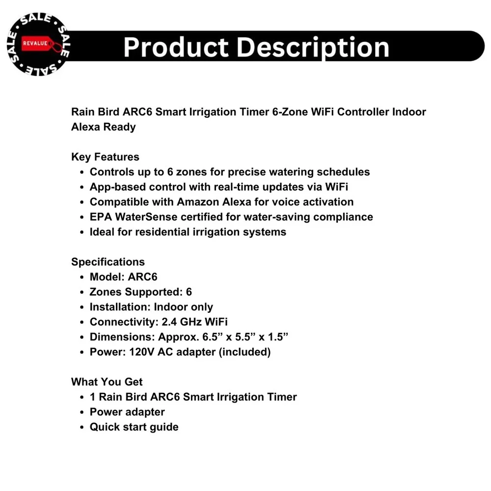 Rain Bird ARC6 Smart Irrigation Timer‎ 6-Zone WiFi Controller Indoor Alexa Ready